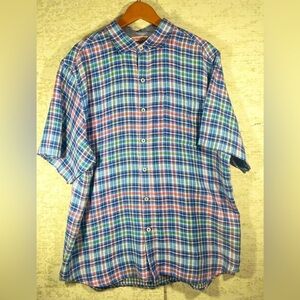 TOMMY BAHAMA Linen Plaid Button Up Shirt Size XL Vacation Beach Cruise Church